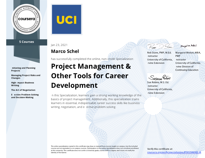 certificate Project Management & Other Tools for Career Development